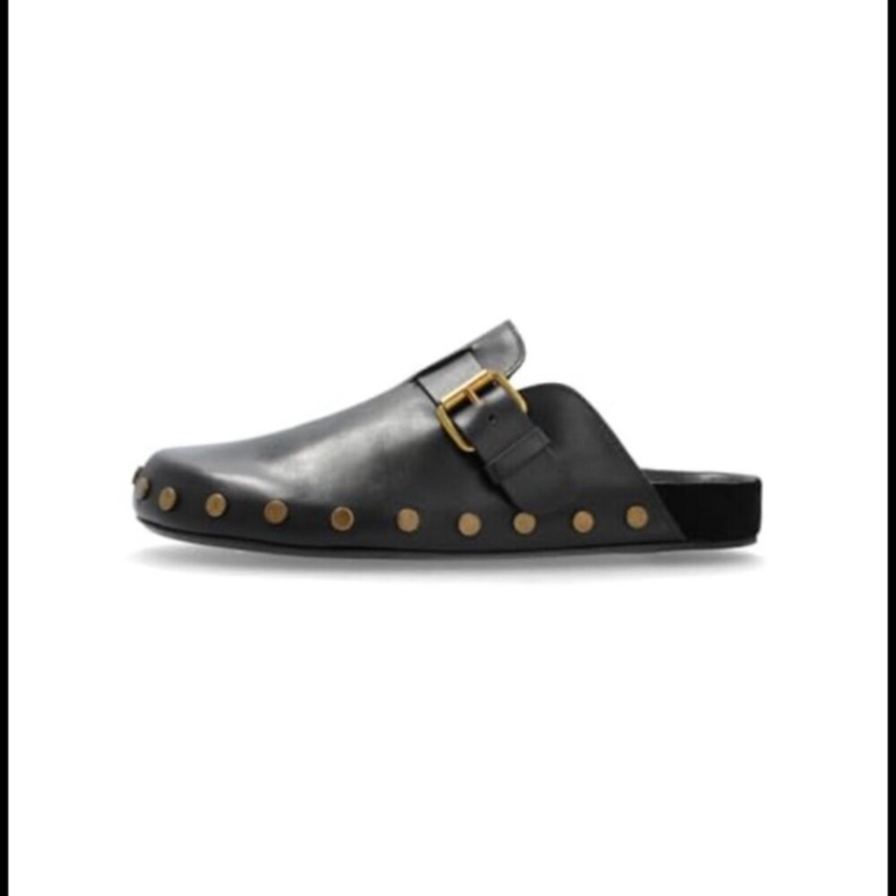 Vintage Studded Leather Clog Mules Slip On Buckle Shoes